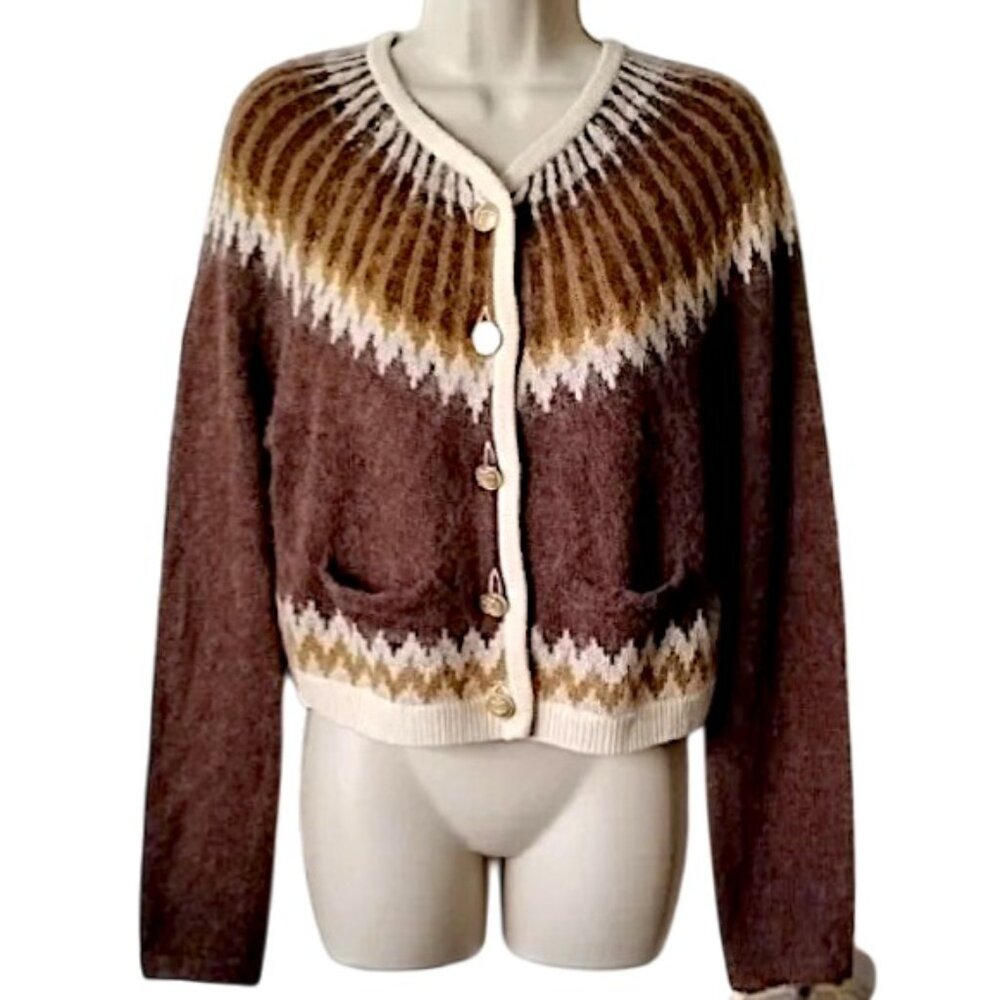 J Crew Brushed Yarn Fair Isle Cardigan Crop Sweater S Brown Cream Mohair - Picture 2 of 10